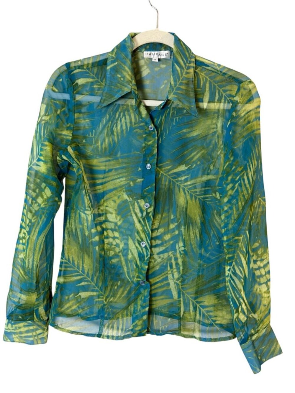Vintage Rampage Button Up Shirt Women’s M Blue Green Tropical Semi Sheer Y2K
